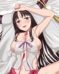  1girl arm_up armpits bare_shoulders black_hair blush breasts chest_tattoo cleavage commentary_request dress elfenlied22 facial_mark fate/grand_order fate_(series) forehead_mark highres horn_ornament horn_ring horns large_breasts long_hair looking_at_viewer lying navel on_back open_mouth parted_bangs sessyoin_kiara sessyoin_kiara_(heaven's_hole) sessyoin_kiara_(third_ascension) sideboob smile solo spread_legs tassel tattoo thighs veil very_long_hair wavy_hair white_dress wide_sleeves yellow_eyes 