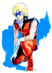  1980s_(style) 1boy aeug bare_shoulders blonde_hair char_aznable closed_mouth gundam highres kneeling magazine_scan marker_(medium) military_rank_insignia military_uniform mullet official_art quattro_bajeena retro_artstyle scan science_fiction signature solo sunglasses traditional_media yasuhiko_yoshikazu zeta_gundam 
