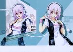  1girl breasts camouflage headphones hoodie large_breasts necklace nitroplus pink_hair red_eyes sleeveless_hoodie smile solo super_sonico wristbands 