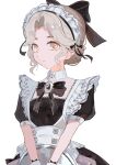  1girl absurdres apron black_bow black_bowtie black_dress blonde_hair bow bowtie breezy_tea_time_(infinity_nikki) brooch brown_eyes buttons closed_mouth collar commentary_request corset cowboy_shot detached_collar dot_nose dress eyelashes frilled_apron frilled_corset frills hair_bow hair_bun happy highres holding holding_tray infinity_nikki jewelry light_particles looking_at_viewer maid maid_headdress nikki_(series) parted_bangs puffy_short_sleeves puffy_sleeves short_hair short_sleeves sidelocks simple_background single_hair_bun smile so_ni_ni solo standing tray wavy_hair white_apron white_background white_collar white_corset 