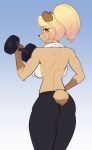 2026 absurd_res anthro back_boob barbell big_breasts bottomwear breasts butt clothed clothing domestic_cat dumbbell exercise eyebrow_through_hair eyebrows eyelashes felid feline felis female fur gloves_(marking) gradient_hair hair hi_res looking_at_viewer mammal markings pants ponytail scorpdk short_tail smile solo tail tan_body tan_fur topless towel towel_around_neck translucent translucent_hair weightlifting weights workout