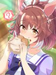  1girl absurdres ahoge animal_ears bow bowtie brown_hair burger commentary_request dantsu_flame_(umamusume) ear_bow ear_covers ear_ornament ear_ribbon eating food highres holding holding_burger holding_food horse_ears horse_girl horseshoe_ornament ollk_imananji3g puffy_short_sleeves puffy_sleeves purple_bow purple_bowtie purple_sailor_collar purple_serafuku purple_shirt sailor_collar sailor_shirt school_uniform serafuku shirt short_sleeves solo tracen_school_uniform umamusume umamusume:_beginning_of_a_new_era white_bow white_bowtie 