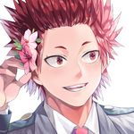  boku_no_hero_academia dns_yuma flower hair_flower hair_ornament kirishima_eijirou leaf male_focus open_mouth portrait red_eyes red_hair simple_background solo spiked_hair teeth white_background 