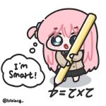  1girl black_skirt blue_eyes bocchi_the_rock! brown_shirt chibi chibi_only english_text full_body gotoh_hitori highres holding holding_pencil long_hair looking_at_viewer lulalang math one_side_up oversized_object pencil pink_hair school_uniform shirt shuka_high_school_uniform simple_background skirt solo speech_bubble standing thought_bubble tongue tongue_out twitter_username white_background writing 