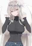  1girl black_sweater blue_archive breasts commentary denim flower furrowed_brow grey_hair grey_wings hair_between_eyes hair_flower hair_ornament halo hands_up jeans large_breasts long_hair long_sleeves looking_at_viewer nagisa_(blue_archive) pants shaded_face sidelocks solo sweatdrop sweater turtleneck turtleneck_sweater twitter_username upper_body watermark white_background wings yamano_rokamizu yellow_eyes 