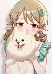  1girl absurdres bare_arms blonde_hair blush commentary covered_mouth earrings frilled_shirt_collar frills hair_flaps highres idolmaster idolmaster_cinderella_girls jewelry lifting_animal looking_at_viewer morikubo_nono pomeranian_(dog) ringlets solo stud_earrings upper_body yukinuno 