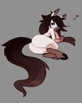  &lt;3 2016 blue_eyes brown_fur brown_hair butt english_text equine feral fur grey_background hair hooves horse long_hair looking_at_viewer looking_back lying male mammal nude on_side pony rear_view signature simple_background smile solo spunky_mutt text 