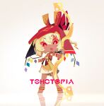  1girl absurdres alternate_costume alternate_headwear ancient_egyptian_clothes blonde_hair blush copyright_name crystal crystal_wings dress fang flandre_scarlet full_body hat highres holding laevatein_(touhou) looking_at_viewer multicolored_wings official_art one_side_up open_mouth pointy_ears red_eyes smile solo tan tohotopia touhou wanzilala16 white_dress wings 