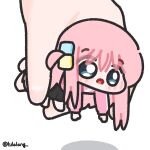  1girl black_skirt blue_eyes bocchi_the_rock! chibi cube_hair_ornament full_body gotoh_hitori hair_ornament highres holding holding_mini_person jacket long_hair lulalang mini_person minigirl one_side_up open_mouth pink_hair pink_jacket simple_background skirt solo_focus twitter_username white_background 