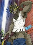 absurd_res alley anthro armpit_hair balls beard body_hair brown_body brown_fur canid canine canis chest_tuft claws clipped_ear clothed clothing dirty dirty_clothing domestic_dog ear_piercing facial_hair finger_claws foreskin fur genitals hazker hi_res hidden_eyes highlights_(coloring) humanoid_genitalia humanoid_penis male mammal partially_clothed peeing penis piercing pubes public_peeing public_urination shirt smoking solo tank_top topwear torn_clothing torn_shirt torn_topwear tuft