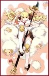  ahoge anila_(granblue_fantasy) blonde_hair blush breasts cleavage draph eyebrows gloves granblue_fantasy highres horns large_breasts long_hair looking_at_viewer no_panties polearm sheep sheep_horns smile solo spear thighhighs two-cat-walk weapon white_gloves white_legwear zettai_ryouiki 