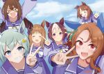  >_< 6+girls animal_ears blue_eyes blue_sky blush bow bowtie braid breasts brown_hair closed_eyes closed_mouth cloud collarbone commentary_request domino_mask double_v ear_bow ear_covers ear_ribbon el_condor_pasa_(umamusume) eye_mask flower golden_generation_(umamusume) grass_wonder_(umamusume) green_bow grey_hair hair_between_eyes hair_flower hair_ornament hairclip half_up_braid highres horse_ears horse_girl king_halo_(umamusume) long_hair long_sleeves looking_at_viewer mask multicolored_hair multiple_girls open_mouth pleated_skirt ponytail purple_bow purple_eyes purple_sailor_collar purple_serafuku purple_shirt purple_skirt red_eyes sailor_collar sailor_shirt school_uniform seiun_sky_(umamusume) serafuku shirt short_hair single_ear_cover skirt sky smile special_week_(umamusume) streaked_hair sunflower sunflower_hair_ornament t_rura_07 teeth tracen_school_uniform tsurumaru_tsuyoshi_(umamusume) two-tone_hair umamusume v white_bow white_bowtie white_hair 