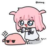  1girl :d blue_eyes bocchi_the_rock! chasing chibi chibi_only creature dress fleeing flying_sweatdrops gotoh_futari gotoh_hitori gotoh_hitori_(tsuchinoko) highres jitome lulalang medium_hair open_mouth pink_hair running siblings simple_background sisters smile twitter_username two_side_up white_background white_dress 