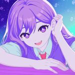  1girl :d absurdres aqua_background backlighting bare_arms blue_background bright_pupils buttons collared_shirt commentary_request double-parted_bangs elbow_rest elbows_on_table english_commentary fingernails gradient_background hair_behind_ear hair_between_eyes hair_intakes hair_over_shoulder hand_on_own_ear highres leaning_forward long_hair looking_at_viewer mari_(headspace)_(omori) mari_(omori) mixed-language_commentary necktie omori open_mouth portrait purple_eyes purple_hair purple_sweater_vest raku2080 red_necktie round_teeth shirt short_sleeves simple_background smile solo sparkle straight_hair sweater_vest table tareme teeth tongue upper_teeth_only white_pupils wooden_table 