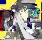  1boy black_shirt coat collared_shirt commentary desktop_(computing) error_message feet_out_of_frame fur_hood glitch highres holding holding_photo icon_(computing) kdz9712 male_focus minecraft_youtube multiple_views open_clothes open_coat paper photo_(object) shirt two-tone_hoodie untranslatable_commentary walking weirdcore white_coat wifies window_(computing) 