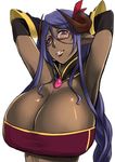  arms_up blue_hair breasts cleavage dark_skin highres horns huge_breasts lips long_hair looking_at_viewer mole mole_under_eye mole_under_mouth original parted_lips purple_eyes simple_background solo souren white_background 