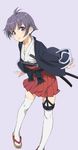  ahoge alternate_costume highres japanese_clothes kantai_collection katana kisetsu open_mouth purple_eyes purple_hair sakawa_(kantai_collection) samurai sandals sheath sheathed short_hair skirt solo sword thighhighs weapon 