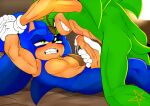 2026 absurd_res anthro archie_comics blue_body blue_eyes blush bodily_fluids butt chest_scar clenched_teeth clothing cum digital_drawing_(artwork) digital_media_(artwork) duo eulipotyphlan eyewear genital_fluids glasses gloves gloves_only green_body green_eyes handwear handwear_only hedgehog hi_res leaking_cum light lukastarfall male male/male mammal mostly_nude muscular muscular_male pinned pinned_to_ground red_eyewear red_glasses scar scourge_the_hedgehog sega sharp_teeth smile sonic_the_hedgehog sonic_the_hedgehog_(archie) sonic_the_hedgehog_(comics) sonic_the_hedgehog_(series) sunlight tail tan_body teeth wrestling