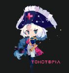  1girl absurdres adapted_costume alternate_costume alternate_headwear bicorne black_background blue_boots blue_coat blue_hat boots bow braid closed_mouth coat constellation_print copyright_name cross cross_print epaulettes fringe_trim full_body gloves green_eyes grey_bow grey_hair hair_bow hat highres long_hair long_sleeves looking_at_viewer military_uniform multicolored_coat official_art pants print_hat red_coat red_cross single_braid smile solo spyglass tohotopia touhou two-tone_coat very_long_hair wanzilala16 white_gloves white_pants yagokoro_eirin 