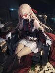 ai-generated alternate_eye_color arisa_(shadowverse) artist_request bare_shoulders belt blonde_hair book boots breasts chair coin corruption elf evil_smile glasses highres iceschillendrig_(shadowverse) long_hair orange_eyes pointy_ears possessed round_eyewear shadowverse sitting skirt smile 