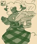 2026 anthro artist_name badge bell bell_necklace book bookmark bottomwear bovid bovid_horn caprine caprine_horn chimera clothed clothed_anthro clothed_female clothing costume dark_body deadlock dragon eyewear female fluffy fluffy_hair fluffy_tail freckled_face freckles fully_clothed fully_clothed_anthro fully_clothed_female fur glasses hair hair_up hi_res holding_object horn long_ears looking_at_viewer mammal monochrome mythological_creature mythological_scalie mythology open_mouth paige_(deadlock) pattern_bottomwear pattern_clothing pattern_skirt pile_of_books plaid plaid_bottomwear plaid_clothing plaid_skirt plooshytooshy ram_horn scale_freckles scalie sheep signature skirt solo sweater tail tentacles text tome topwear valve wool_(fur)