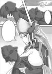  1boy 1girl androgynous blush body_suit breast_press breasts doujinshi helmet horns huge_breasts lotus_(warframe) maboroshi_kirin male mask monochrome operator_(warframe) sleeves spoilers warframe 