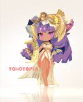  1girl absurdres alternate_costume ancient_egyptian_clothes blush closed_mouth copyright_name crescent crescent_hat_ornament dress full_body hat hat_ornament highres holding holding_scroll long_hair looking_at_viewer mob_cap official_art patchouli_knowledge pink_eyes purple_hair scroll solo tan tohotopia touhou usekh_collar very_long_hair vulture_crown wanzilala16 white_background white_dress 
