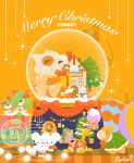  christmas_tree commentary_request cubone drifloon full_body highres in_snow_globe kirlia maushold no_humans numel o_0-zzz pine_tree pokemon pokemon_(creature) ralts shuckle signature sitting snow_globe snowman sparkle tree yellow_background 