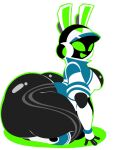 2026 anthro big_butt black_body blue_clothing blue_leotard breasts butt clothing colored digital_media_(artwork) electronics empty_eyes female flat_colors footwear gabetheatom green_eyes green_inner_ear green_mouth green_outline hat headgear headphones headset headwear hi_res huge_butt kneeling lagomorph leotard leporid machine mammal open_mouth open_smile outline project_turboblast rabbit robot robot_anthro shoes side_view simple_background smile solo tempo_(project_turboblast) thick_thighs white_background white_clothing white_ears white_footwear white_hat white_headwear white_shoes