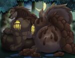 4_fingers absurd_res all_fours anonymous_artist anus balls balls_touching_floor big_balls big_penis bodily_fluids brown_body brown_fur brown_hair brown_tail canid canine dire_wolf ear_piercing excessive_bodily_fluids excessive_feces fangs feces feces_on_balls feces_on_body feces_on_butt feces_on_genitals feces_on_ground feces_on_tail feral filth_hound fingers forest forest_background fur genitals glowing glowing_eyes hair hand_on_penis hi_res huge_balls huge_penis hyper hyper_balls hyper_feces hyper_genitalia hyper_penis light looking_at_viewer male mammal markings moon moonlight muscular muscular_feral muscular_male nature nature_background night penis penis_on_ground piercing plant pooping prehistoric_species quadruped raised_tail smile solo stained_fur steam steaming_body tail teeth tree yellow_markings yellow_sclera