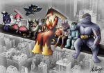  archecopeteryx belt building cigarette city claws closed_eyes closed_mouth commentary darumaka deviantart_logo deviantart_username english_commentary fire flying food fruit hand_on_another's_shoulder holding holding_cigarette holding_food holding_fruit horns lunch_atop_a_skyscraper_(photograph) machoke machop marshadow medicham meltan murkrow muscular nut_(hardware) open_mouth parody perrserker photo_background pokemon pokemon_(creature) pokemon_focus red_eyes sharp_teeth signature sitting skyscraper smile smoke steel_beam teeth tyrogue watermark web_address yellow_eyes 