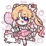  1girl ankle_ribbon arm_warmers back_bow bare_shoulders blonde_hair blush_stickers bow bow-shaped_pupils bowtie chibi chinese_commentary choker colored_tips commentary_request cone_hair_bun double_bun dreamtime_bestowed_(infinity_nikki) dress eyelashes food freckles frilled_arm_warmers frilled_dress frills fruit hair_bow hair_bun hair_ornament halftone halftone_background halo happy heart heart_hair_ornament heart_print highres infinity_nikki large_bow leg_ribbon light_blush long_hair looking_at_viewer medium_dress multicolored_hair nikki_(series) one_eye_closed open_mouth outline parted_bangs pink_arm_warmers pink_bow pink_bowtie pink_choker pink_dress pink_halo pink_outline pink_ribbon pink_shoes pleated_dress print_dress purple_eyes ribbon shoes single_blush_sticker smile solo sparkle standing strapless strapless_dress strawberry striped_bow twintails unicorn very_long_hair wavy_hair white_background yummyia 