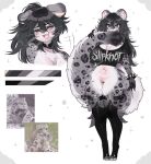 2026 absurd_res anthro bangs belly_blush big_breasts big_tail black_bracelet black_choker black_claws black_clothing black_crop_top black_eyebrows black_hair black_jewelry black_legwear black_markings black_necklace black_shirt black_spots black_stockings black_topwear blush bodily_fluids body_blush bracelet breasts chest_tuft choker claws cleavage clothed clothing color_swatch colored crop_top crying_laughing cute_fangs digital_drawing_(artwork) digital_media_(artwork) ear_piercing eyebrows eyelashes eyes_closed fangs felid female freckled_face freckles fredek666 fur genitals grey_body grey_eyelids grey_eyes grey_fur hair heart_symbol hi_res holding_own_tail holding_tail huge_breasts inner_ear_fluff jewelry laugh legwear long_eyelashes long_hair mammal markings navel necklace open_mouth open_smile pantherine piercing pink_nose reference_image round_ears shaded shirt simple_background skull_(marking) slipknot smile snow_leopard solo spiked_bracelet spikes spots spotted_body spotted_fur spotted_markings standing stockings tail tail_in_mouth tail_in_own_mouth tears teeth thong topwear tuft underwear vulva vulva_blush whiskers white_background white_body white_fur white_whiskers