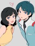  1boy 1girl aeug black_hair blue_eyes blue_hair breasts commentary_request couple fa_yuiry gundam heart highres jacket kamille_bidan long_sleeves looking_at_viewer military_uniform ogura_(onigiritakusan) open_mouth short_hair simple_background sleeveless smile zeta_gundam 