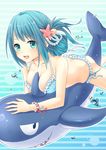  air_bubble bikini blue_eyes blue_hair bubble daidai_jamu folded_ponytail freediving highres inflatable_shark inflatable_toy long_hair lying on_stomach original side_ponytail solo swimming swimsuit underwater 