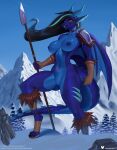  anthro areola biped black_hair blue_body breasts digitigrade doomthewolf dragon female genitals hair hi_res holding_melee_weapon holding_object holding_polearm holding_spear holding_weapon melee_weapon membrane_(anatomy) membranous_wings mouth_closed mythological_creature mythological_scalie mythology navel navel_piercing nipples non-mammal_breasts non-mammal_ears non-mammal_hair non-mammal_navel non-mammal_nipples non-mammal_vulva piercing polearm scalie snow solo spear tail vulva weapon wings 