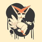  2016 absurd_res anthro anthrofied black_sclera breasts butt clothed clothing cream_fur english_text female fur half-closed_eyes hi_res latiar legendary_pok&eacute;mon looking_at_viewer lying nintendo on_side open_mouth orange_fur pok&eacute;mon pok&eacute;morph signature solo text tongue victini video_games white_eyes 