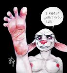  2024 5_toes absurd_res anthro big_ears biped black_background bovid breasts canid canine caprine dialogue eyebrows eyelashes fangs feet female foot_focus fur hi_res hybrid kiva_(mjw_darkmode) laios_foot_meme looking_at_viewer mammal meme mjw_darkmode nipples pink_eyes pink_nipples pink_nose raised_leg sheep signature simple_background small_breasts smile smiling_at_viewer soles solo speech_bubble spread_toes teeth toes traditional_media_(artwork) white_body white_fur white_sclera 