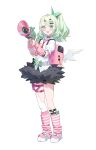  1girl absurdres angel_wings arm_warmers backpack bag bandaid bandaid_hair_ornament black_choker black_skirt blush cat_hair_ornament choker commentary fake_wings fang full_body fur-trimmed_skirt fur_trim green_eyes green_hair hair_ornament hairclip heart heart_hair_ornament highres holding holding_megaphone leg_warmers looking_at_viewer medium_hair megaphone multicolored_eyes necktie niji_(rudduf232) open_mouth pink_arm_warmers pink_bag pink_leg_warmers ponytail randoseru red_necktie school_bag shirt simple_background single_thighhigh skin_fang skirt solo standing striped_arm_warmers striped_leg_warmers sunna_(zenless_zone_zero) tachi-e thigh_strap thighhighs white_arm_warmers white_background white_leg_warmers white_shirt white_thighhighs white_wings wings x_hair_ornament yellow_eyes zenless_zone_zero 