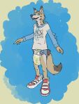 2021 3:4 5_fingers ageplay anthro black_nose blue_background blue_eyes bodily_fluids border brown_body brown_fur canid canine canis clothed clothing coyote diaper dinosaur fingers footwear fur genital_fluids grey_body grey_fur hi_res hoodie male mammal prehistoric_species pterosaur red_clothing red_footwear red_shoes red_sneakers reptile roleplay sagging_diaper scalie shoes simple_background sneakers sogdog solo standing tan_body tan_border tan_fur topwear unclean_diaper urine used_diaper wearing_diaper wet_diaper