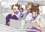  4girls agnes_digital_(umamusume) agnes_tachyon_(umamusume) ahoge animal_ears blank_eyes brown_eyes brown_hair brown_shoes car_interior coat commentary_request cup dantsu_flame_(umamusume) drink driving ear_covers ear_ornament hair_between_eyes hair_ornament highres holding holding_cup horse_ears horse_girl jam_(umamusume) jungle_pocket_(umamusume) korean_text lab_coat long_sleeves looking_at_viewer manhattan_cafe_(umamusume) meme motion_lines multiple_girls old_lady_steering_wheel_(meme) open_mouth pointing purple_sailor_collar purple_shirt purple_skirt purple_thighhighs sailor_collar scared shirt shoes short_hair skirt sweat thighhighs twitter_username umamusume upper_body v-shaped_eyebrows wakita_otk white_coat winter_uniform zombie 