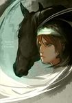  1boy agro animal bandage black_eyes green_eyes hairband horse red_hair shadow_of_the_colossus short_hair wander 