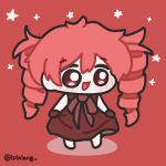  1girl :d chibi chibi_only commentary double-parted_bangs dress drill_hair encore_dance_(synthesizer_v) english_commentary full_body highres kasane_teto kasane_teto_(sv) long_hair lulalang neck_ribbon open_mouth red_background red_dress red_eyes red_hair red_ribbon ribbon skirt_hold smile solo synthesizer_v twin_drills twitter_username 