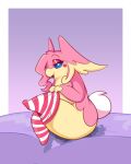  anthro audino bedroom_eyes female fur generation_5_pokemon goopyarts hi_res looking_at_viewer narrowed_eyes nintendo nude pink_body pink_fur pokemon pokemon_(species) putting_on_socks seductive solo technically_nude 