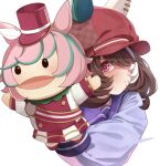  1girl animal_ears blush bow brown_hair closed_mouth commentary_request cropped_shoulders ear_covers ears_through_headwear hair_between_eyes hand_puppet hat highres horse_ears horse_girl long_sleeves looking_at_viewer marche_lorraine_(umamusume) puppet purple_eyes purple_sailor_collar purple_shirt sailor_collar sailor_shirt school_uniform shijima_(shizima_03) shirt short_hair simple_background solo tracen_school_uniform umamusume 