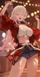  1girl absurdres arms_up bandeau blue_shorts blurry blurry_background bokeh breasts bright_pupils cleavage colored_eyelashes commission cutoffs denim denim_shorts depth_of_field front-tie_top highres jacket large_breasts lethe_rin long_hair long_sleeves looking_at_viewer midriff navel one_eye_closed open_clothes open_fly open_jacket open_mouth original red_eyes red_jacket second-party_source short_shorts shorts smile solo strapless thighs tube_top unfox_9 very_long_hair white_bandeau white_eyelashes white_hair 