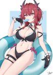  1girl absurdres arknights arknights:_endfield bikini black_bikini black_gloves blue_sky breasts cleavage collarbone commentary_request food frilled_gloves frills gloves groin hair_between_eyes hair_intakes hand_up highres holding holding_food horns innertube laevatain_(arknights) large_breasts looking_at_viewer navel popsicle red_eyes red_hair sato_art signature sky solo surtr_(arknights) swim_ring swimsuit water 