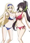  bikini black_hair blonde_hair blue_eyes blush breast_press breasts cecilia_alcott cleavage hairband infinite_stratos large_breasts legs long_hair looking_at_viewer multiple_girls navel open_mouth ponytail ribbon shinonono_houki simple_background smile swimsuit thighs very_long_hair white_background yuuki_homura 