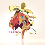  1girl absurdres alternate_costume ancient_egyptian_clothes ankh blue_eyes braid closed_mouth copyright_name full_body highres holding holding_staff hong_meiling leg_up looking_at_viewer official_art red_hair smile solo staff standing standing_on_one_leg tan tohotopia touhou twin_braids wanzilala16 white_background 