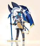  1girl alternate_costume ancient_egyptian_clothes ankh anklet black_skin blue_eyes bracelet braid closed_mouth colored_skin copyright_name dress full_body furrification furry furry_female grey_hair grey_skin highres holding holding_staff izayoi_sakuya jewelry long_hair looking_at_viewer maid_headdress official_art solo staff tohotopia touhou twin_braids usekh_collar wanzilala16 white_dress 